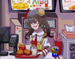 Rule 34 | 1girl, ^ ^, boy&#039;s club, brown hair, burger, burger hair ornament, closed eyes, clown, collared shirt, commentary, cup, disposable cup, english commentary, fast food, food, food-themed hair ornament, french fries, hair intakes, hair ornament, highres, holding, holding tray, honkai: star rail, honkai (series), indoors, long hair, makeup, mcdonald&#039;s, necktie, open mouth, pepe the frog, photo-referenced, red necktie, restaurant, russian text, shirt, smile, soda, solo, sparkle (honkai: star rail), striped clothes, striped shirt, tray, twintails, upper body, weilin (liarliarliarin), white shirt, yellow overalls