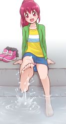 Rule 34 | 1girl, :d, aino megumi, bare legs, barefoot, blue skirt, full body, green jacket, hair between eyes, happinesscharge precure!, high ponytail, highres, jacket, long hair, long sleeves, looking at viewer, miniskirt, ogry ching, open clothes, open jacket, open mouth, panties, pantyshot, pencil skirt, pink panties, precure, red eyes, red hair, shirt, sitting, skirt, smile, soaking feet, soles, solo, splashing, underwear, water, yellow shirt