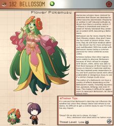 Rule 34 | 1boy, 1girl, artist name, bellossom, black hair, blue eyes, blush stickers, bracelet, breasts, brown background, character name, character profile, commentary, creatures (company), dress, english commentary, english text, flower, flower on head, game freak, gen 2 pokemon, green hair, highres, jewelry, kinkymation, large breasts, long hair, monster girl, nintendo, no pupils, open mouth, personification, pink dress, plant girl, poke ball, poke ball (basic), pokemon, teeth, upper teeth only, very long hair, wide sleeves