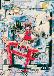 Rule 34 | 1girl, abstract, abstract background, blunt bangs, bow, crescent moon, detached sleeves, hair bow, hair tubes, hakurei reimu, hito (nito563), looking at viewer, moon, red bow, red eyes, red shirt, red skirt, shirt, skirt, snowman, solo, torii, touhou, wide shot, yellow neckwear