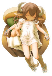 Rule 34 | 1girl, absurdres, animal ears, book, bookmark, brown hair, chair, child, closed eyes, dress, feral lemma, full body, highres, hooves, horns, jewelry, long hair, monster girl, original, pillow, simple background, sitting, sleeping, solo, stuffed animal, stuffed pig, stuffed toy, tail, white background