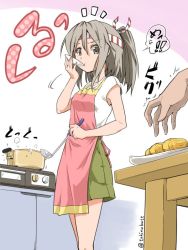 Rule 34 | 1girl, ^^^, apron, breasts, brown eyes, casual, commentary request, food, hachimaki, headband, kantai collection, ladle, light brown hair, long hair, omelet, plate, ponytail, pot, small breasts, solo focus, stove, tamagoyaki, tokinobutt, twitter username, zuihou (kancolle)