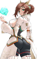 Rule 34 | 1girl, absurdres, alexandria (xenoblade), ass, blush, boots, braid, breasts, brown hair, commentary request, cube, detached sleeves, fingernails, french braid, gonzarez, green eyes, hair bun, highres, jewelry, large breasts, lips, long sleeves, looking at viewer, looking back, makeup, shiny clothes, sideboob, simple background, skin tight, smile, solo, thigh boots, tiara, white background, xenoblade chronicles (series), xenoblade chronicles 3