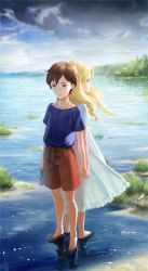 Rule 34 | 10s, 2girls, anna (omoide no marnie), back-to-back, bad id, bad pixiv id, barefoot, blonde hair, blue eyes, brown hair, cloud, cloudy sky, curly hair, day, dress, full body, holding hands, interlocked fingers, lake, long hair, looking down, marnie (omoide no marnie), multiple girls, nababa, omoide no marnie, outdoors, profile, shoes, short hair, shorts, sky, sneakers, standing, wading, water, white dress