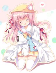 Rule 34 | 1girl, :d, animal ears, azur lane, bed sheet, blue shirt, blush, bow, bowtie, cat ears, cat girl, cat tail, closed eyes, commentary request, ears through headwear, facing viewer, hair between eyes, hat, head tilt, heart, heart tail, jacket, kindergarten uniform, kisaragi (azur lane), long hair, long sleeves, military jacket, open clothes, open jacket, open mouth, pink hair, pleated skirt, purinpurin, school hat, shirt, sitting, skirt, sleeves past fingers, sleeves past wrists, smile, solo, tail, tail raised, thighhighs, translation request, very long hair, wariza, white jacket, white thighhighs, yellow bow, yellow bowtie, yellow hat, yellow skirt