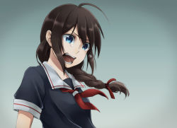 Rule 34 | 10s, 1girl, ahoge, bad id, bad pixiv id, blue eyes, braid, brown hair, crying, crying with eyes open, hair over shoulder, kanatake, kantai collection, long hair, open mouth, personification, shigure (kancolle), single braid, solo, tears