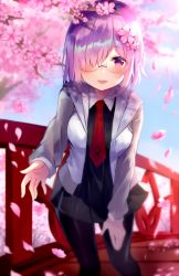 Rule 34 | 1girl, black dress, black pantyhose, branch, breasts, cherry blossoms, collared dress, day, dress, fate/grand order, fate (series), flower, glasses, grey jacket, hair flower, hair ornament, hair over one eye, hand on own thigh, highres, jacket, looking at viewer, mash kyrielight, medium breasts, necktie, open clothes, open jacket, open mouth, outdoors, outstretched arm, pantyhose, petals, pink flower, pleated dress, purple eyes, purple hair, short hair, shouu-kun, smile, solo
