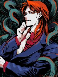 Rule 34 | 1boy, artist name, closed mouth, collared shirt, commentary request, dated, fingernails, formal, green background, hand on own chin, ichijou seiya, jacket, kaiji, long hair, long sleeves, looking at viewer, male focus, medium bangs, necktie, orange eyes, orange hair, plant, red shirt, shirt, smile, solo, suit, unknown03162, upper body, vines, white necktie