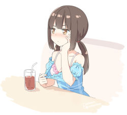 Rule 34 | 1girl, arm support, bare shoulders, bendy straw, blue dress, blush, bra, breasts, brown eyes, brown hair, cleavage, closed mouth, clothes pull, collarbone, commentary request, cup, dress, dress pull, drink, drinking glass, drinking straw, hatsunatsu, head in hand, head rest, long hair, looking away, low twintails, nose blush, off-shoulder dress, off shoulder, original, pink bra, puffy short sleeves, puffy sleeves, pulled by self, short sleeves, sitting, small breasts, solo, table, twintails, underwear, v-shaped eyebrows