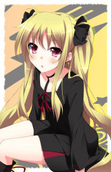 Rule 34 | 1girl, bad id, bad pixiv id, black dress, blonde hair, bow, dress, fate testarossa, female focus, hair bow, kurono yuzuko, long hair, long sleeves, looking at viewer, lyrical nanoha, open mouth, pink eyes, sitting, solo, twintails, very long hair