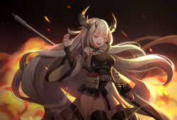 Rule 34 | 1girl, arknights, artist name, belt, belt pouch, black horns, black legwear, breasts, claw pose, detached sleeves, fire, holding, holding weapon, horns, hoshiko (419401x), id card, impossible clothes, large breasts, long hair, looking at viewer, matoimaru (arknights), medium breasts, open mouth, orange eyes, pouch, red eyes, smile, solo, standing, very long hair, weapon
