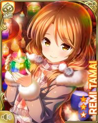 Rule 34 | 1girl, brown coat, brown eyes, brown hair, brown neckwear, brown skirt, candle, card (medium), coat, fire, fire, girlfriend (kari), holding, looking at viewer, low twintails, night, official art, outdoors, pleated skirt, qp:flapper, scarf, shirt, skirt, smile, socks, solo, standing, tagme, tamai remi, twintails, white shirt, winter clothes, winter coat