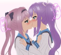 Rule 34 | 2girls, black bow, blue eyes, blue sailor collar, blush, bow, eye contact, french kiss, from side, green eyes, hair bow, hairband, hands up, highres, kiss, long hair, long sleeves, looking at another, misaki sango, multiple girls, pink hair, profile, purple hair, re:stage!, sailor collar, school uniform, serafuku, shirt, simple background, sincos, tsukisaka sayu, twintails, white background, white shirt, yuri