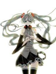 Rule 34 | 1girl, ayu miko, detached sleeves, female focus, green eyes, green hair, hair between eyes, hatsune miku, headphones, highres, long hair, matching hair/eyes, necktie, simple background, skirt, solo, thighhighs, twintails, very long hair, vocaloid, white background