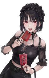 Rule 34 | 1girl, absurdres, arm belt, bare shoulders, belt, belt chain, black bra, black choker, black hair, black nails, black shirt, blouse, blush, bra, bra strap, breasts, chain, choker, cleavage, cowboy shot, earrings, eating, fangs, food, food on face, headband, highres, holding, ice cream, ice cream on face, jewelry, lace trim, looking at viewer, midriff, nail polish, necklace, off shoulder, open mouth, original, popsicle, red eyes, ring, shirt, short hair, simple background, skirt, solo, sugai (4ugaii), teeth, underwear, white background, wrapper
