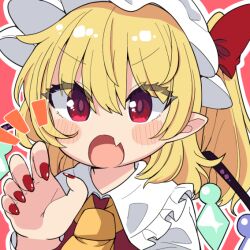 Rule 34 | 1girl, ascot, blonde hair, blush, bow, collared shirt, commentary request, crystal wings, eyelashes, fang, flandre scarlet, hair bow, hat, medium hair, mob cap, nail polish, open mouth, paw pose, puffy sleeves, red bow, red eyes, red nails, red shirt, shirt, side ponytail, simple background, skin fang, solo, touhou, upper body, v-shaped eyebrows, white hat, white sleeves, wings, yamase, yellow ascot