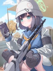 Rule 34 | 1girl, absurdres, black gloves, blue archive, blush, book, breasts, gloves, green eyes, halo, helmet, highres, holding, holding book, knee pads, kotani (dainanumi), large breasts, long sleeves, neckerchief, outdoors, pleated skirt, reading, saki (blue archive), short hair, sitting, skirt, solo, yellow neckerchief