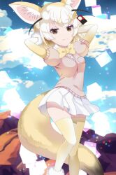 Rule 34 | 1girl, animal ears, artist request, black eyes, blonde hair, bow, bowtie, cardigan, elbow gloves, etohana, extra ears, fennec (kemono friends), fox ears, fox girl, fox tail, gloves, kemono friends, looking at viewer, official art, outdoors, shoes, short hair, skirt, solo, tail, thighhighs