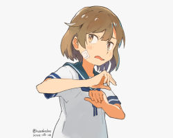 Rule 34 | 1girl, bandaid, bandaid on face, blue sailor collar, brown eyes, commentary request, dated, kantai collection, kusakabe (kusakabeworks), oboro (kancolle), sailor collar, school uniform, serafuku, short hair, simple background, solo, twitter username, upper body, white background, wince