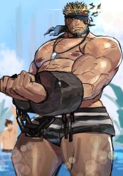 Rule 34 | 2boys, abs, alternate costume, balor (housamo), bara, beach, black hair, blonde hair, blue eyes, bulge, chest hair, cuffs, dark-skinned male, dark skin, dog tags, facial hair, feet out of frame, flaming eye, handcuffs, highres, jewelry, large pectorals, leg hair, looking at viewer, male focus, male swimwear, mature male, multicolored hair, multiple boys, muscular, muscular male, mustache, necklace, nikuo (29niku), nipples, one eye covered, pectorals, print male swimwear, prison clothes, prisoner, short hair, solo focus, stomach, swim briefs, thick thighs, thighs, tokyo houkago summoners, topless male, two-tone hair, unfinished, water