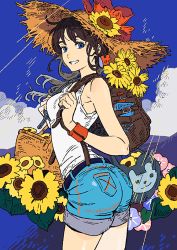 Rule 34 | 1girl, ass, backpack, bag, blue eyes, blue shorts, blue sky, brown hair, cloud, cowboy shot, day, denim, denim shorts, flower, from side, hands up, hat, holding strap, long hair, looking at viewer, looking to the side, original, outdoors, shirt, short shorts, shorts, sky, sleeveless, sleeveless shirt, smile, solo, standing, straw hat, sunflower, umishima senbon, white shirt, wristband, yellow flower