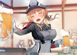 Rule 34 | 4girls, alcohol, beer, beer mug, blonde hair, blush, breasts, closed eyes, covered erect nipples, cup, gin&#039;ichi (akacia), gloves, grey headwear, hair between eyes, hat, holding, holding cup, jun&#039;you (kancolle), kantai collection, large breasts, long hair, long sleeves, low twintails, military uniform, mug, multiple girls, open mouth, peaked cap, pola (kancolle), prinz eugen (kancolle), saratoga (kancolle), smile, twintails, uniform, white gloves