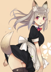 Rule 34 | 1girl, animal ears, apron, bad id, bad pixiv id, black thighhighs, blush, breasts, fox ears, fox tail, heart, large breasts, long hair, looking at viewer, maid, maid apron, open mouth, original, panties, pantyshot, red eyes, silver hair, simple background, solo, tail, thighhighs, umasanjin, underwear, waist apron, white panties