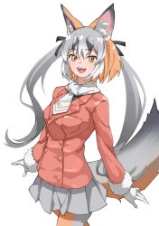 Rule 34 | 1girl, :d, absurdres, animal ear fluff, animal ears, black ribbon, buttons, cowboy shot, double-breasted, fox ears, fox girl, fox tail, fur-trimmed sleeves, fur trim, gloves, grey hair, grey skirt, hair between eyes, hair ribbon, highres, island fox (kemono friends), jacket, kemono friends, kemono friends v project, long hair, long sleeves, looking at viewer, multicolored hair, necktie, open mouth, orange eyes, orange hair, pantyhose, pleated skirt, red jacket, ribbon, simple background, skirt, smile, solo, tail, tanabe (fueisei), twintails, virtual youtuber, white background, white gloves, white hair