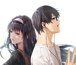 Rule 34 | 1boy, 1girl, aki tomoya, back-to-back, black hair, earbuds, earphones, face, from side, glasses, grey eyes, hair between eyes, hairband, kasumigaoka utaha, long hair, looking to the side, nose, open mouth, parted lips, red eyes, saenai heroine no sodatekata, shirt, short hair, simple background, tight (ohmygod), white background, white hairband, white shirt