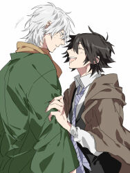 Rule 34 | 2boys, arm grab, black hair, black vest, bungou stray dogs, closed eyes, collared shirt, commentary request, edogawa ranpo (bungou stray dogs), fukuzawa yukichi (bungou stray dogs), green kimono, highres, hood, jacket, japanese clothes, kimono, ktkng kn, long sleeves, looking at another, male focus, multiple boys, necktie, open mouth, scarf, shirt, short hair, simple background, smile, striped necktie, sweatdrop, upper body, vest, white background, white hair, white shirt, yellow scarf