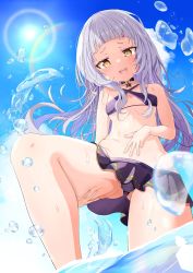 Rule 34 | 1girl, absurdres, bikini, blue sky, blunt bangs, blush, breasts, choker, cloud, cloudy sky, collarbone, criss-cross halter, doskoiichiban, feet out of frame, foreshortening, frilled bikini, frills, halterneck, hand on own thigh, highres, hololive, knee up, legs, lens flare, light purple hair, long hair, looking at viewer, looking down, murasaki shion, murasaki shion (hololive summer 2019), open mouth, orange eyes, purple bikini, shiny skin, short eyebrows, sky, small breasts, solo, splashing, standing, swimsuit, teeth, thighs, upper teeth only, upskirt, virtual youtuber, water, water drop, wet