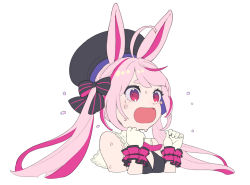 Rule 34 | 1girl, ahoge, animal ears, arm garter, black bow, black hat, bow, copyright request, cropped torso, enkyo yuuichirou, fingernails, flying teardrops, gloves, hands up, hat, long hair, looking at viewer, open mouth, pink hair, rabbit ears, red eyes, simple background, solo, striped, striped bow, tears, twintails, virtual youtuber, white background, white gloves, wristband