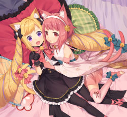 Rule 34 | 2girls, :d, animal ear fluff, animal ears, ankle ribbon, bed sheet, bell, black bow, black gloves, black jacket, black legwear, black skirt, blonde hair, blouse, blue bow, blush, bow, cat ears, cat girl, cat tail, center frills, elbow gloves, elise (fire emblem), fang, fingerless gloves, fire emblem, fire emblem fates, floral print, frilled pillow, frilled skirt, frills, fur-trimmed legwear, fur trim, gloves, hair bow, hair ornament, hairband, hand fan, jacket, japanese clothes, jingle bell, kemonomimi mode, kimono, leg ribbon, long hair, looking at viewer, multicolored hair, multiple girls, multiple tails, nintendo, obi, on bed, open mouth, pantyhose, paw pose, pillow, pink bow, pink gloves, pink hair, pink kimono, pink legwear, plaid pillow, puffy short sleeves, puffy sleeves, purple eyes, purple hair, red eyes, red hair, ribbon, sakura (fire emblem), sash, shirt, short hair, short sleeves, sidelocks, skirt, smile, streaked hair, swept bangs, tail, tail bell, tail bow, tail ornament, thighhighs, toeless legwear, transistor, twintails, two tails, very long hair, white hairband, white shirt
