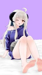 Rule 34 | alternate costume, barefoot, blue shirt, blush, brown eyes, chinese commentary, ciyana, cowlick, drooling, highres, horns, ikakun, indie virtual youtuber, looking at viewer, off shoulder, one eye closed, open mouth, shirt, silver hair, sleepwear, solo, virtual youtuber