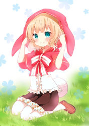 Rule 34 | 1girl, adjusting clothes, adjusting headwear, animal hood, aqua eyes, black skirt, blonde hair, blunt bangs, blush, bow, capelet, closed mouth, collarbone, commentary request, flat chest, flower, frilled shirt, frills, full body, gochuumon wa usagi desu ka?, grass, highres, hood, hooded capelet, kirima syaro, looking at viewer, massala, rabbit hood, red capelet, red hood, seiza, shirt, short hair, sitting, skirt, smile, solo, striped, striped bow, wavy hair, white background, white shirt
