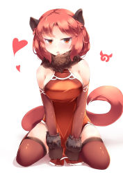 Rule 34 | 10s, 1girl, absurdres, animal ears, bare shoulders, china dress, chinese clothes, commentary, dress, elbow gloves, fur collar, fur trim, gloves, heart, highres, howler monkey (kemono friends), japari symbol, kanzakietc, kemono friends, medium hair, monkey ears, monkey tail, red dress, red eyes, red hair, red thighhighs, simple background, sitting, solo, tail, thighhighs, white background