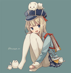 Rule 34 | 10s, :d, animal, animal on head, bad id, bad pixiv id, bag, blue eyes, blush, cat, cat on head, collared shirt, creature, creature on head, eyebrows, fig (happy elements), hat, last period, long hair, majoca majoluna, necktie, on head, open mouth, pantyhose, pleated skirt, red necktie, sazuki hina, school uniform, shirt, simple background, sitting, skirt, smile, solo, twitter username, white pantyhose