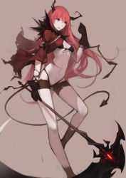 Rule 34 | bikini, breasts, brown background, cape, clenched hand, commentary request, demon tail, fur trim, gloves, glowing, glowing eye, highres, jacket, long hair, nero (nilu), original, pixiv fantasia, pixiv fantasia t, red eyes, red hair, scythe, simple background, small breasts, solo, string bikini, swimsuit, tail, thighhighs, very long hair