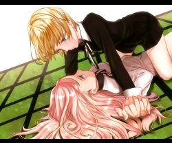 Rule 34 | 2girls, all fours, androgynous, bad id, bad pixiv id, blonde hair, eye contact, green eyes, holding hands, highres, interlocked fingers, letterboxed, long hair, looking at another, lying, multiple girls, on back, original, pink hair, reverse trap, short hair, takeuchi aya, yuri