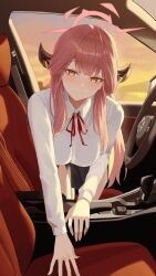 Rule 34 | 1girl, absurdres, aru (blue archive), black skirt, blue archive, blush, brown horns, car interior, car seat, closed mouth, collared shirt, demon horns, halo, highres, horns, leavv, long hair, long sleeves, looking at viewer, neck ribbon, pink hair, pink halo, red ribbon, ribbon, shirt, skirt, smile, solo, white shirt, yellow eyes