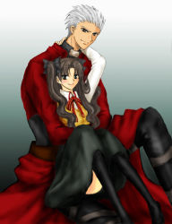 Rule 34 | 00s, 1boy, 1girl, archer (fate), black thighhighs, dark-skinned male, dark skin, fate/stay night, fate (series), height difference, tall, thighhighs, tohsaka rin, two side up