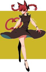 Rule 34 | 1girl, animal ears, bare legs, black bow, black footwear, bow, braid, brown dress, cat ears, cat tail, closed mouth, dress, extra ears, full body, hair bow, heart, heart tail, kaenbyou rin, long hair, looking at viewer, multiple tails, namataro, nekomata, red eyes, red hair, shaded face, shoes, simple background, sleeveless, sleeveless dress, smug, solo, tail, touhou, twin braids, two tails, walking, wind, wind lift, wristband, yellow background