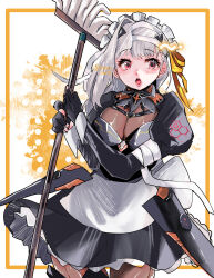 Rule 34 | 1girl, alternate costume, apron, armor, bandaged head, bandages, black dress, black gloves, blush, breasts, cleavage, dress, enmaided, frilled apron, frills, gloves, goddess of victory: nikke, grey hair, hair ribbon, highres, inkyo sato, large breasts, long hair, looking at viewer, maid, maid apron, maid headdress, modernia (nikke), mop, open mouth, puffy sleeves, red eyes, ribbon, see-through, see-through cleavage, solo, waist apron, white apron, yellow ribbon
