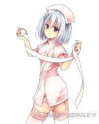Rule 34 | 1girl, bandages, blue eyes, cowboy shot, date a live, dress, from side, garter straps, hair between eyes, hair ornament, hairclip, hat, head tilt, hibiki mio, holding bandages, looking at viewer, nurse, nurse cap, pink dress, short dress, short sleeves, silver hair, simple background, smile, solo, standing, thighhighs, tobiichi origami, white background, white thighhighs