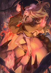 Rule 34 | 1girl, blonde hair, burning, fate/grand order, fate (series), fire, fire, full body, giant hand, highres, horns, ibaraki douji (fate), japanese clothes, kimono, legs, long hair, looking to the side, monster girl, oni, tagme, tattoo, yellow eyes