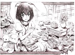 Rule 34 | 1girl, absurdres, animal ears, bad id, bad pixiv id, book, bullet, candy, carrot, carrot necklace, chocolate, chocolate bar, cookie, cup, doughnut, female focus, flower, food, gift, highres, inaba tewi, instrument, jewelry, monochrome, necklace, nobita (makoto7060355), pendant, piano, purple theme, rabbit ears, short hair, solo, stuffed animal, stuffed toy, teddy bear, touhou, toy, traditional media