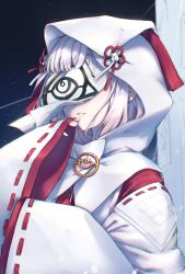 Rule 34 | 1girl, aeon ion, blunt bangs, cloak, covered eyes, highres, hololive, hololive english, hood, hood up, hooded cloak, japanese clothes, long sleeves, mask, pointy ears, sleeves past wrists, solo, virtual youtuber, wahtcher (ninomae ina&#039;nis), white cloak, white hair, wide sleeves