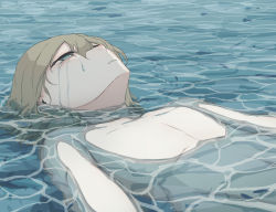 Rule 34 | 1boy, absurdres, avogado6, brown hair, commentary request, crying, hair between eyes, highres, looking away, male focus, nude, ocean, original, parted lips, partially submerged, solo, symbolism, upper body, water