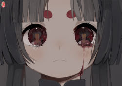 Rule 34 | 1girl, black hair, blood, bloody tears, braid, braided ponytail, close-up, closed mouth, crying, eye focus, eye reflection, frown, grey hair, jiangshi, looking at viewer, mia0309, ofuda, onii-chan wa zonbida, original, portrait, red eyes, reflection, short eyebrows, sidelocks, single braid, solo, streaming tears, tears, twintails