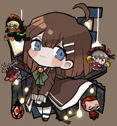 Rule 34 | 1girl, ahoge, akaimo (akaimokou), axe, black skirt, blue eyes, blush, book, bookshelf, bow, bowtie, brown background, brown coat, brown hair, closed mouth, coat, dream of a black swan, frilled sleeves, frills, green bow, green bowtie, hair ornament, hairclip, hod (project moon), laetitia (project moon), library of ruina, light bulb, looking at viewer, medium hair, project moon, skirt, smile, solo, spider bud, the red shoes (project moon), today&#039;s shy look